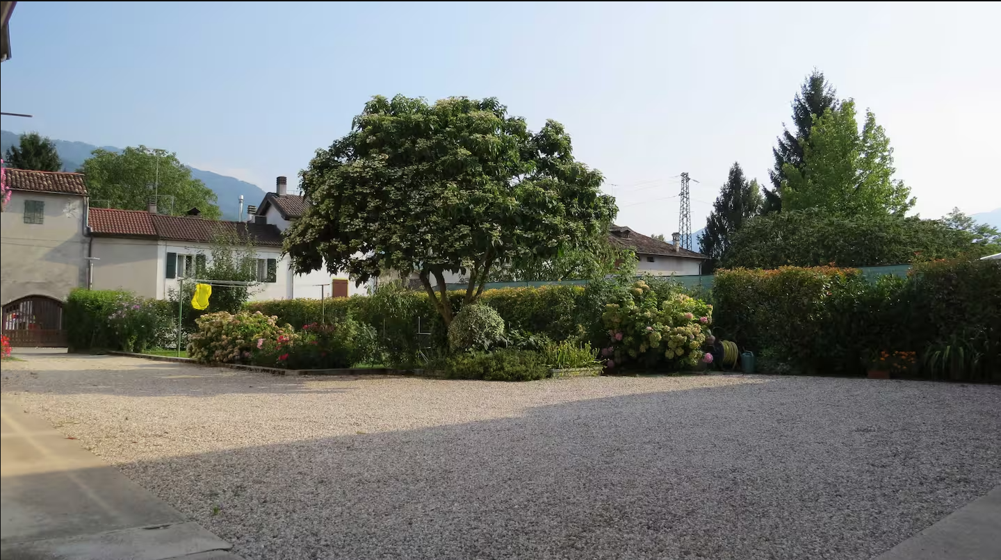 Il giardino della casa con prato e alberi